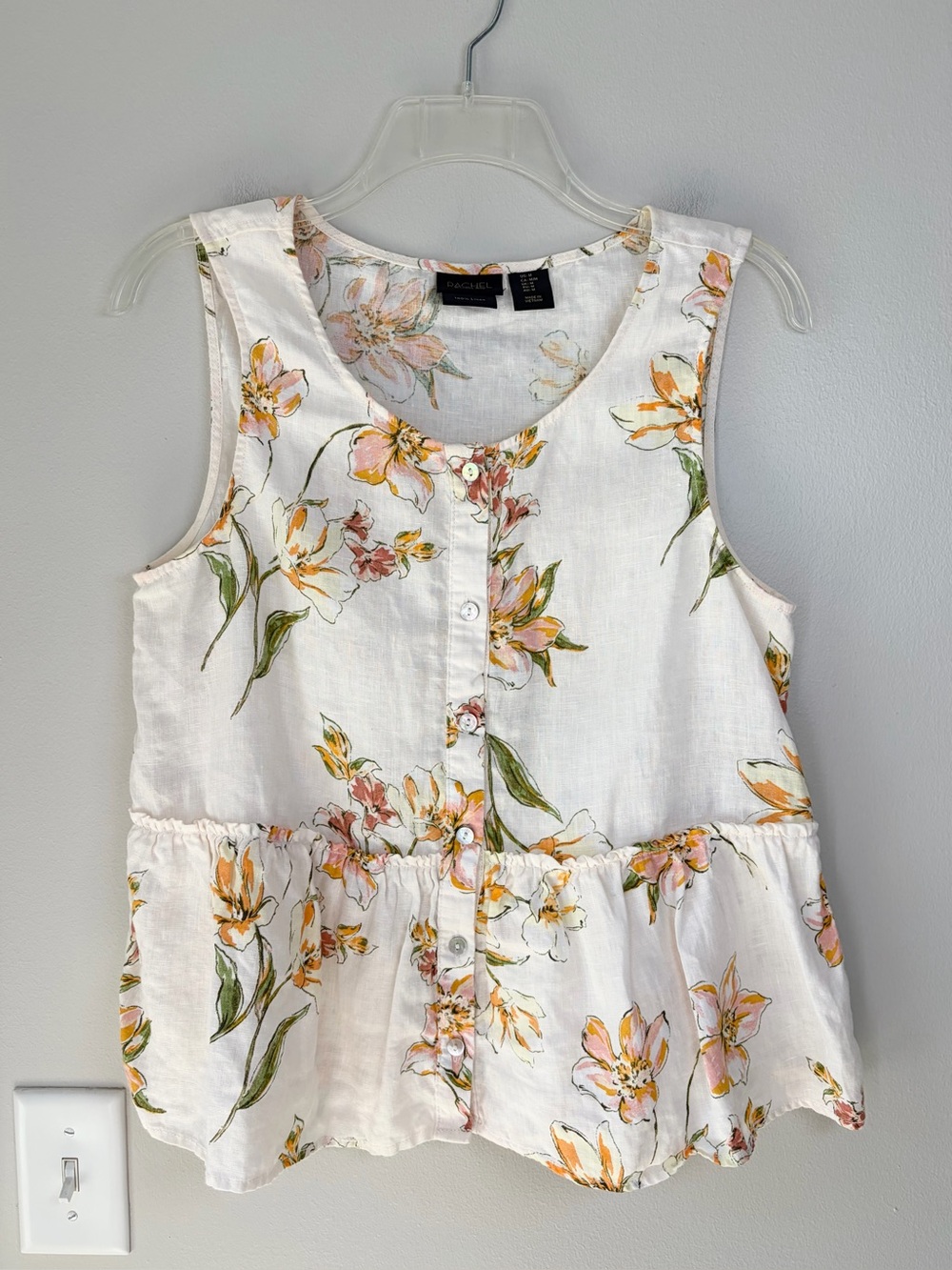 Rachel Rachel Roy Linen Floral Sleeveless Button Up Peplum Blouse Top